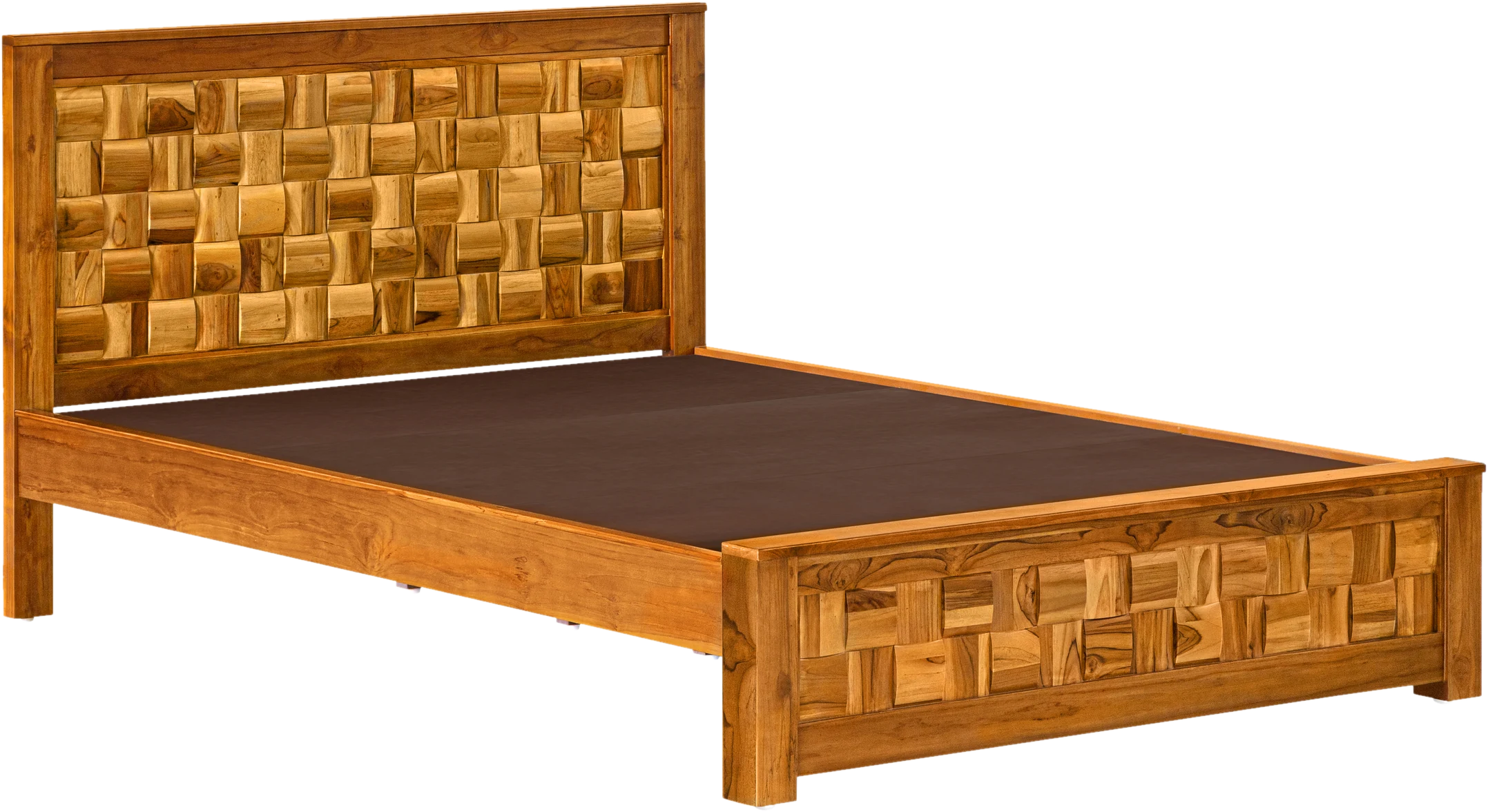 Basket weave teak bed, three-quarter view
