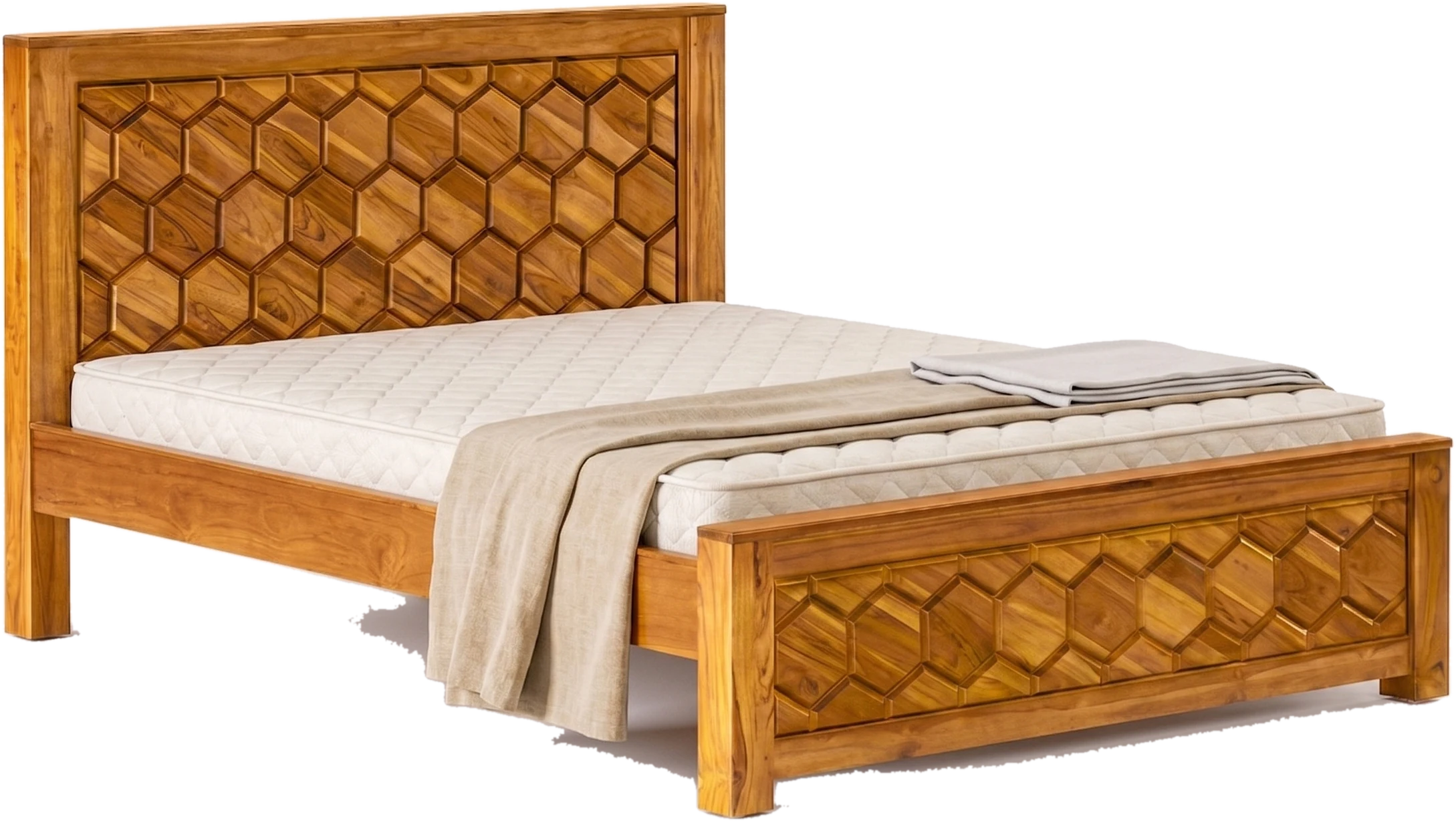 Honeycomb teak bed, three-quarter view