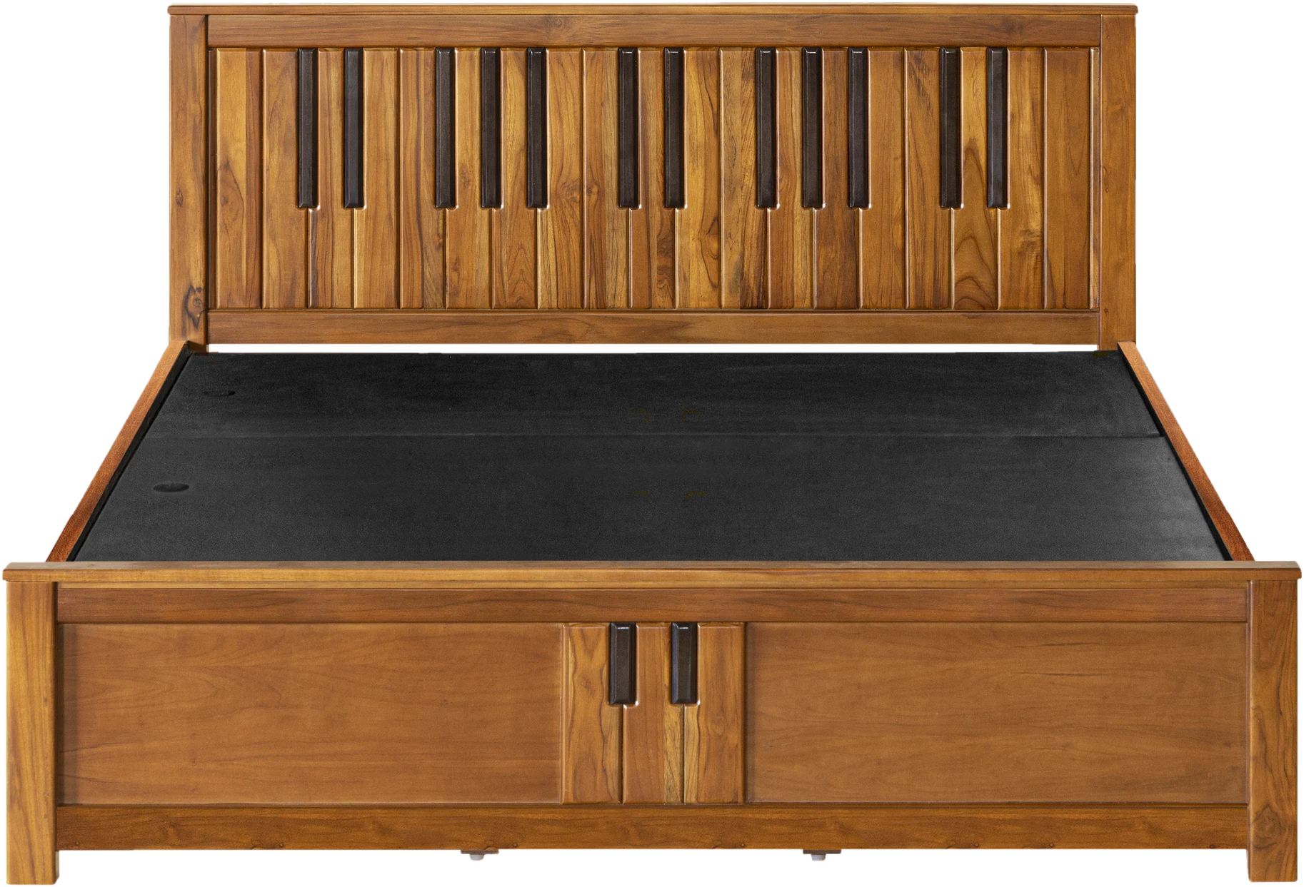 Piano key teak bed, three-quarter view